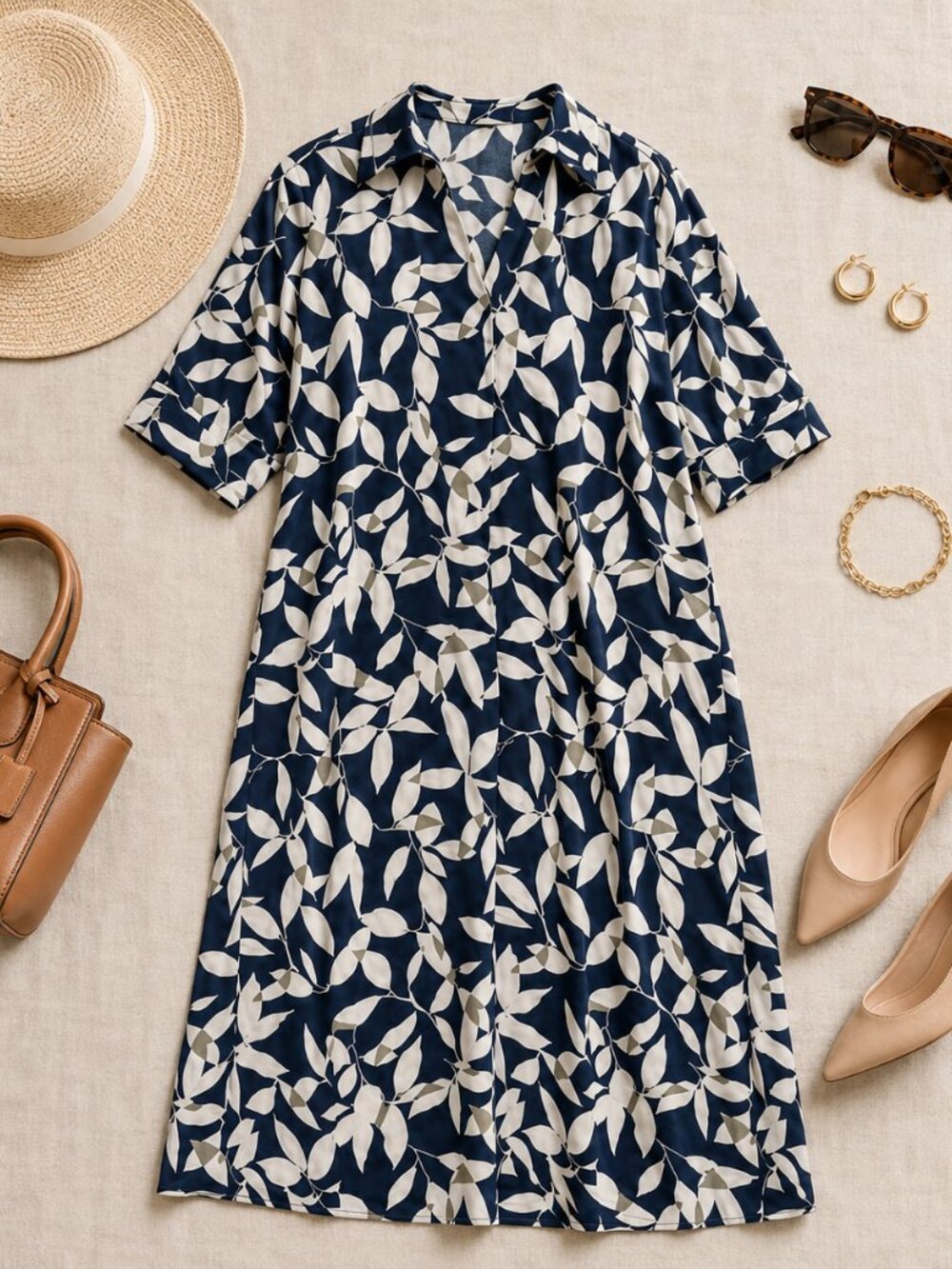 Fig Navy Leaf Print Short Sleeve Midi Shelly Dress Botanical Medium Pockets